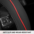 Road Comforts Leather Steering Wheel Cover with Decorative Trim and Piping, Anti-Slip Breathable Design, Fits 14.5–15 Inch Ro