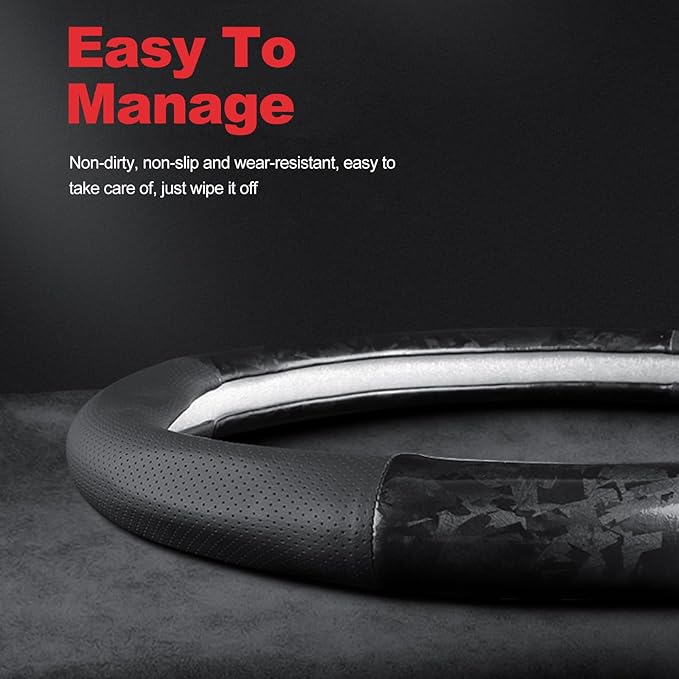 Ergocar Car Steering Wheel Sleeve, Round Forged Carbon Fiber and Leather Material Steering Wheel Sleeve, 37-38cm/14.5-15inch, Non-Slip, Soft, Breathable, Sports Style