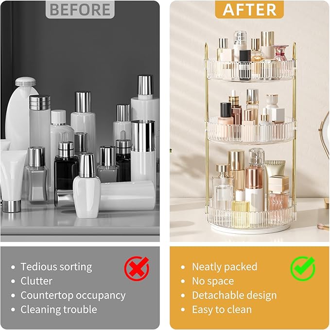 Oifecsie 360° Rotating Makeup Organizer, Large Capacity SkinCare Organizer, 3 Tier Cosmetic Skin Care Perfume Dresser Organiz