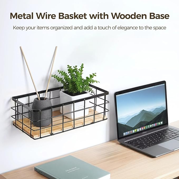 Small Metal Wire Basket for Wall Mount 2 PCS - Metal Wire Storage Basket Wood Base, Toilet Paper Basket, Wall Hanging Wire St