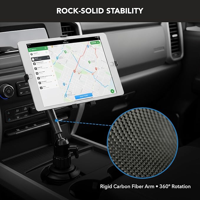 Mount-It! Carbon Fiber Cup Holder Tablet Mount Tablet Holder for Car Truck SUV, Adjustable 7–11 Inch iPad & Tablets, 18" Extension Arm, 360° Rotation, Fits 2.75"–3.5" Cupholders, ELD GPS Holder