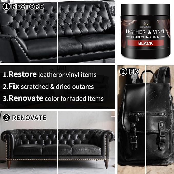 Leather Recoloring Balm and Leather Repair Kit for Furniture, Black Leather Restorer for Couches, Furniture, Car Seats, Leath