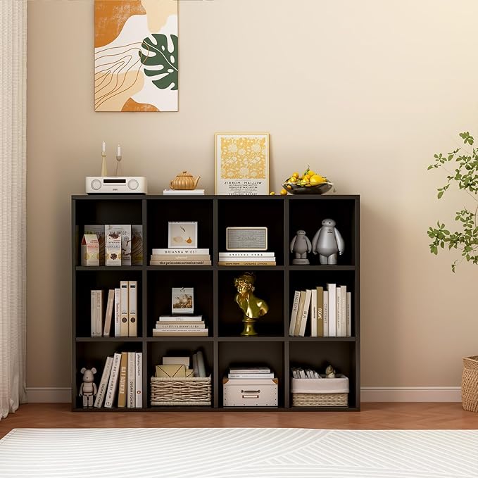 OSCHF 12-Cube Storage Shelf Bookcase - Wooden 3-Tier Floor Standing Open Bookshelf for Home and Office, Display Cabinet, Blac