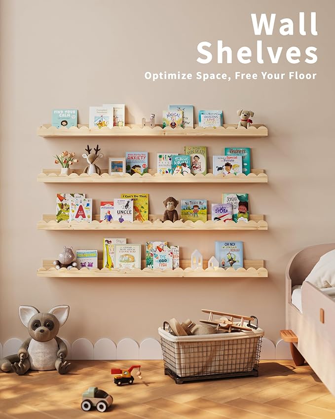 Shario Nursery Book Shelves, 4-Pack Wood Floating Shelves for Wall Kids, Scalloped Shelves, Wall Book Shelves for Bedroom Kid