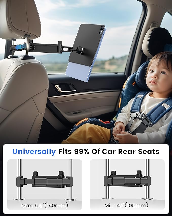 KU XIU Car Headrest Magnetic Tablet Holder for iPad Pro/Air 11" M2/M3, Backseat Tablet Car Mount Adjustable Arm, Road Trip Essentials for Kids, for iPad Pro 11 1st/2nd/3rd/4th, iPad Air 10.9" 4/5th