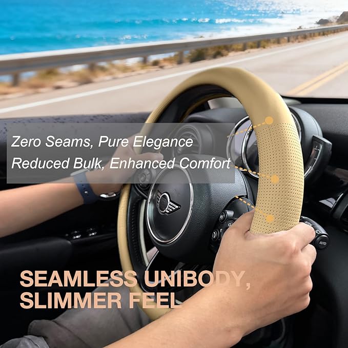PINCTROT Large Size Nappa Leather Steering Wheel Cover, Slim Fit No Bulk Design, One Piece Leather with Breathable Perforatio