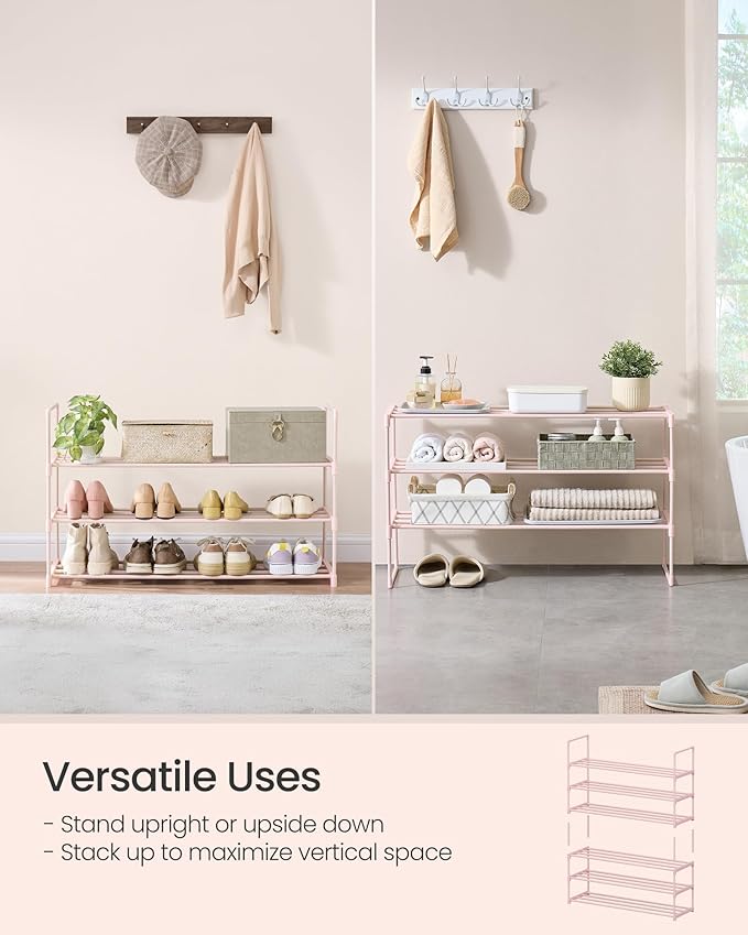 SONGMICS Shoe Rack, 3-Tier Shoe Organizer, Metal Storage Shelf, Upright or Upside Down, for 16-20 Pairs, Stackable, for Entry