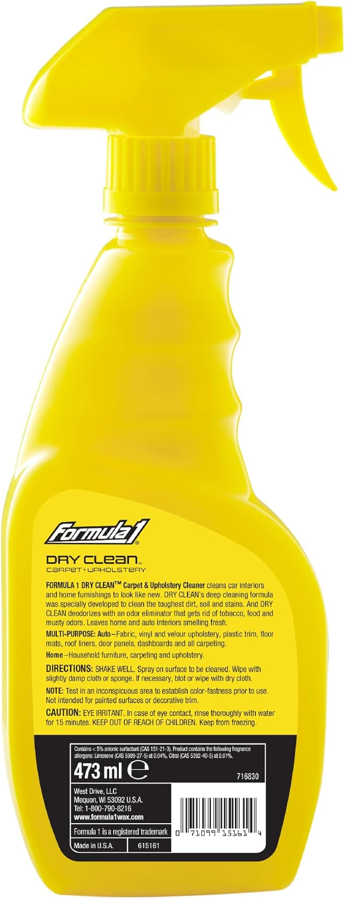 Formula 1 Dry Clean Carpet & Upholstery Cleaner - Stain Remover Spray for Car Seats & Floor Mats, Odor Eliminator for Interio