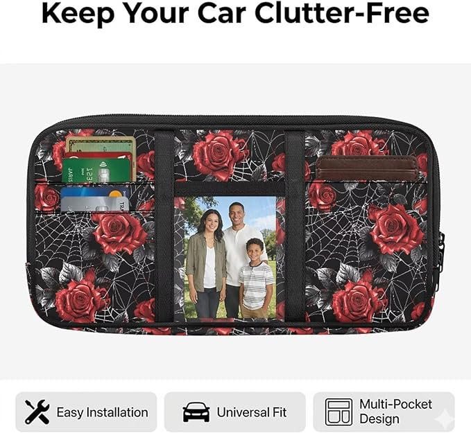 Car Sun Visor Storage Bag,Rose Pattern Auto Interior Accessories Pocket Organizer, Multi-Pocket Visor Organizer Storage Pouch Fits Most Vehicles