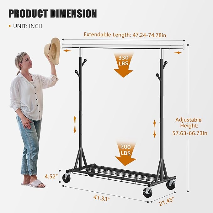 Gewudraw Garment Rack Load 530lbs,Heavy Duty Rolling Clothes Rack With Sturdy Wheel And Shelves, Adjustable Portable Hanging 