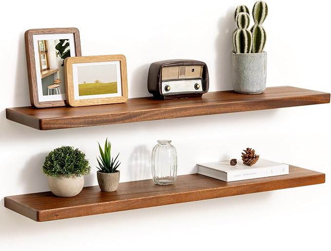 Fun Memories 36 Inch Floating Shelves, Rustic Solid Wood Wall Shelves Set of 2, 8 Inch Deep Floating Shelf for Bathroom, Bedr