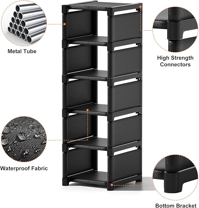 6-Tier Narrow Shoe Rack, Vertical Small Space Shoe Organizer, 9.84" Compact Slim Shoe Shelf for Closet & Entryway, Sturdy & T