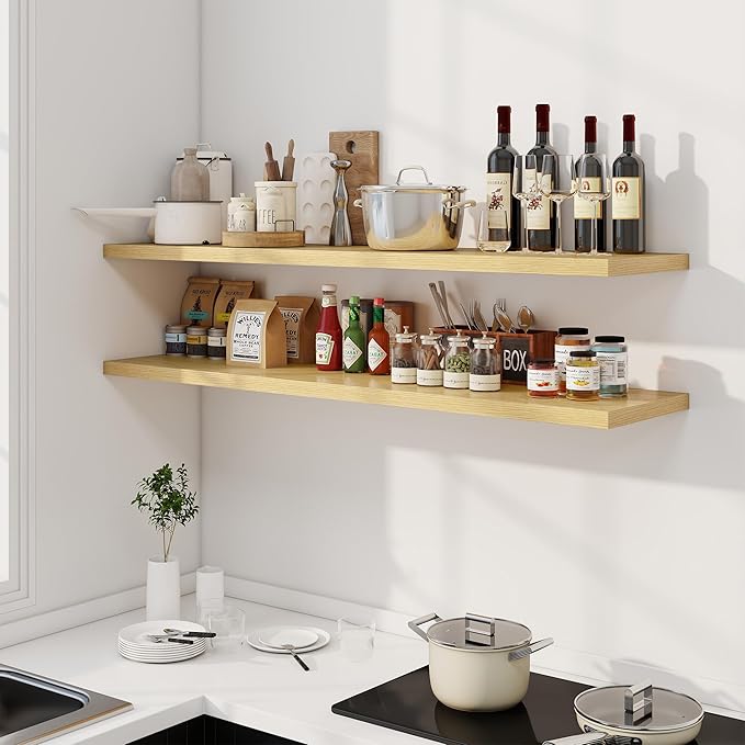 Dreamland 55" Floating Shelves for Wall, 12" Deep Slim Oak Floating Shelves, Wall-Mounted Shelves for Bedroom, Living Room, K