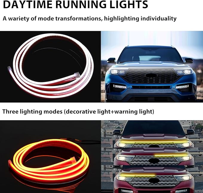 Car Hood Light Strip,White 94.5 Inches Dynamic Car LED Strip Lights,Turn Signal Lamp,Waterproof IP66 DRL Compatible with Chevy Silverado 1500 2500 GMC Sierra 1500 2500 Dodge Ram 1500 2500