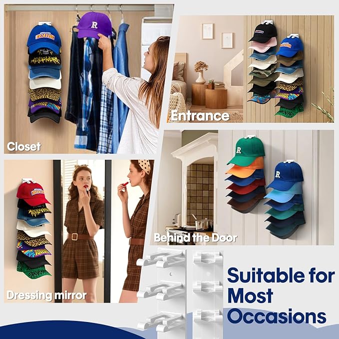 Hat Organizer for Baseball Caps Wall, 2 Pack Hat Holder for Closet Door Hold up to 16 Hats,Hat Hook with Adhesive and 8 Screw