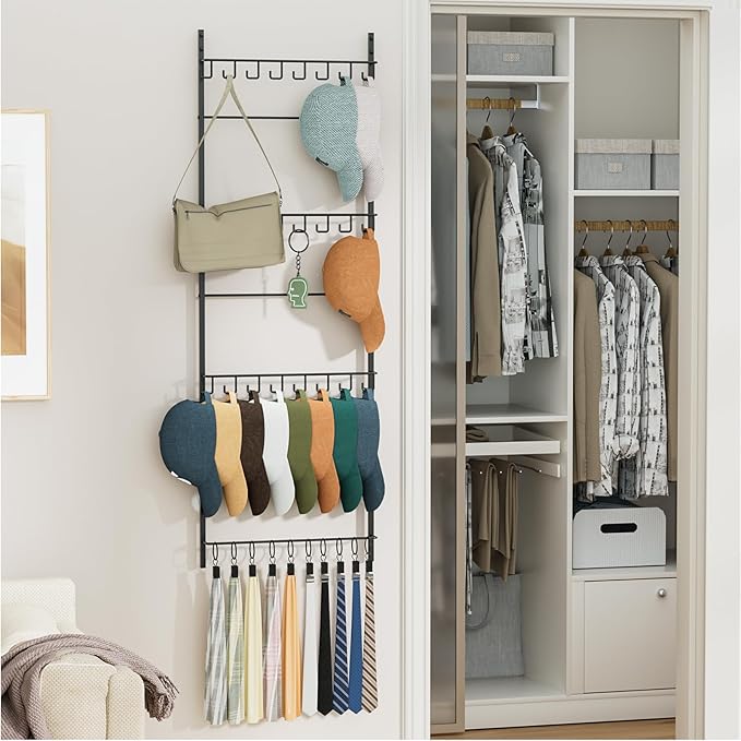 HapiRm Over the Door Hat Organizer - 4 Tier Wall Mounted Hat Rack with 24 Hooks and 10 Movable Clips, Hanging Baseball Cap Or