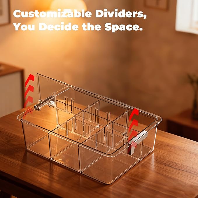 Socks Bra Underwear Drawer Organizer for Closet, 2 PCS Plastic Storage Box with 9 Removable Compartments and Lid, Clear Dress