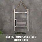 MyGift Rustic Hand Towel Holder, Whitewashed Solid Wood Farmhouse Bathroom Decor, Small Blanket Ladder for Home Decor, Wall M