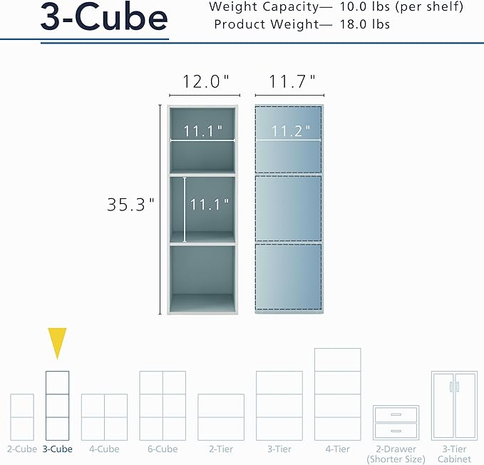 Homes: Inside + Out Apexa 3-Cube Storage Organizer Shelves, Stackable Wood Bookcase Fits Cubby Bins for Organization, Dorm Te