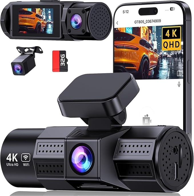 4K 3 Channel Dash Cam Front and Rear Inside, Dash Camera for Cars WDR Night Vision, 2 Inch IPS Screen WiFi App Control, 24H P