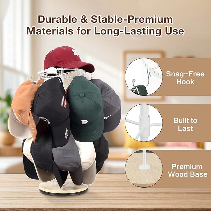 Keebofly Rotating Free Standing Hat Rack & Organizer Stand, 3-Tier Merchandise Display & Tabletop Baseball Cap Organizer Hold