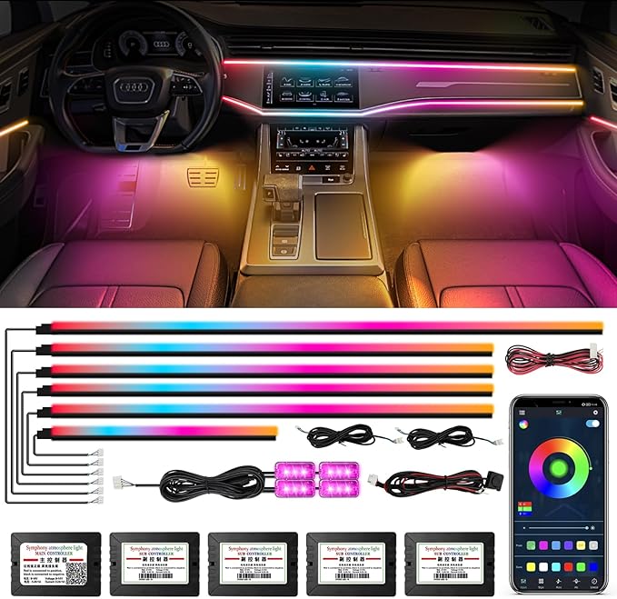 Dreamcolor Acrylic Interior Car Light 10 in 1 Automotive Ambient Light Kits with APP Control 16 Million Color 175 inches Fiber Optic Car LED Strip Light, RGB Music Sync Sound Activated Neon Light Kits