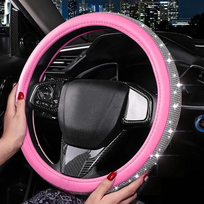 Bling Diamond Leather Steering Wheel Cover for Women Girls with Crystal Rhinestones, Universal Fit 14.5-15 Inch Car Steering Wheel Cover Accessories