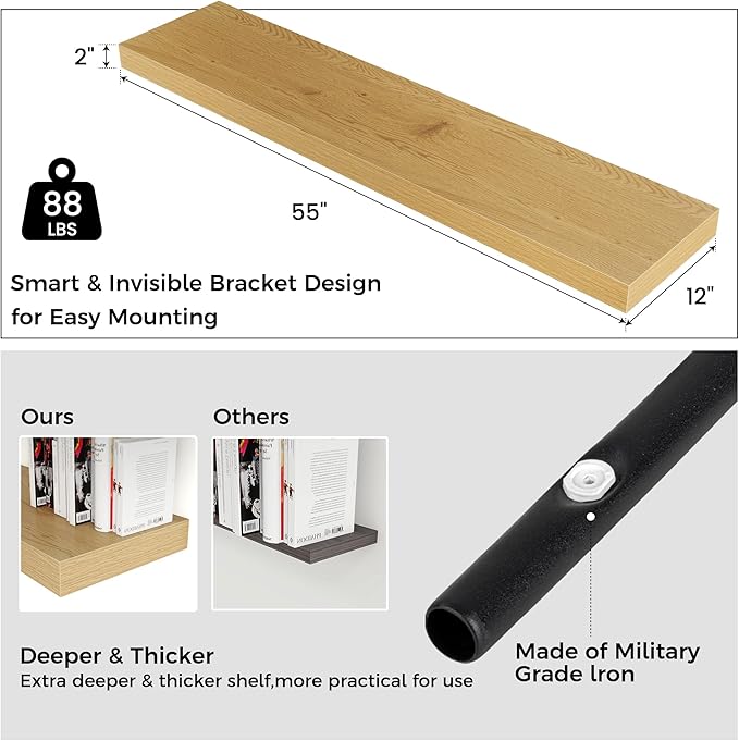 Floating Shelves for Wall, 55 Inch Wide x 12 Inch Deep Floating Shelves, Long Wood Floating Wall Shelf Shelves for Living Roo