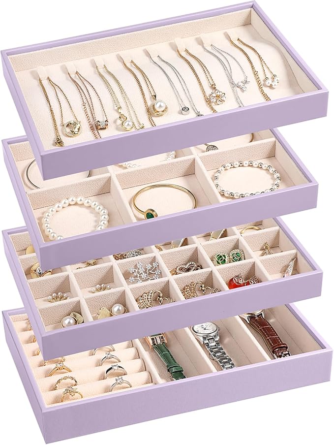 LANDICI Stackable Jewelry Organizer Trays 4 Set,PU Leather Jewelry Organizer Drawer,Jewelry Storage Display Tray for Earring 