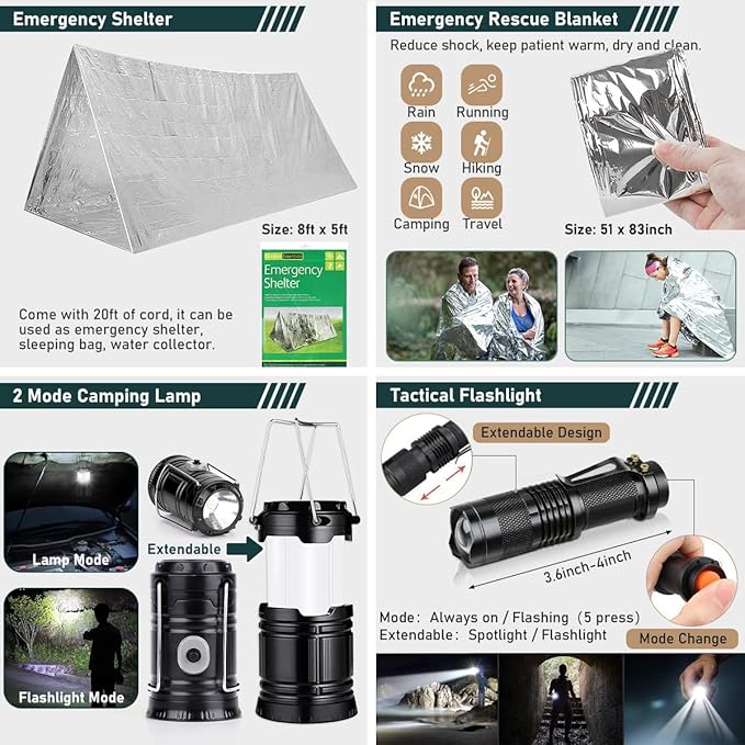 Survival Kit, 262Pcs Survival Gear and Supplies with First Aid Kit Pouch and Crossbody Bag, Emergency Kit with Tent, Camping 