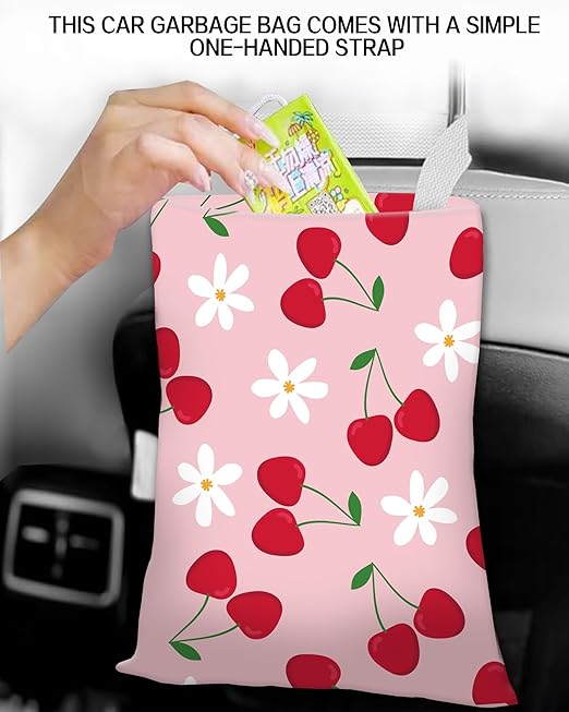 Car Trash Can, Durable Hanging Car Trash Garbage Bag, Cute Automotive Garbage Cans Organizer, Cute Pink Cherry