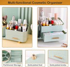 Rotating Makeup Organizer for Vanity with Brush Holder and Drawer, Cosmetic Makeup Storage, Large Spinning Makeup Skincare Or
