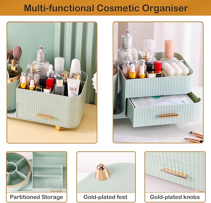 Rotating Makeup Organizer for Vanity with Brush Holder and Drawer, Cosmetic Makeup Storage, Large Spinning Makeup Skincare Or