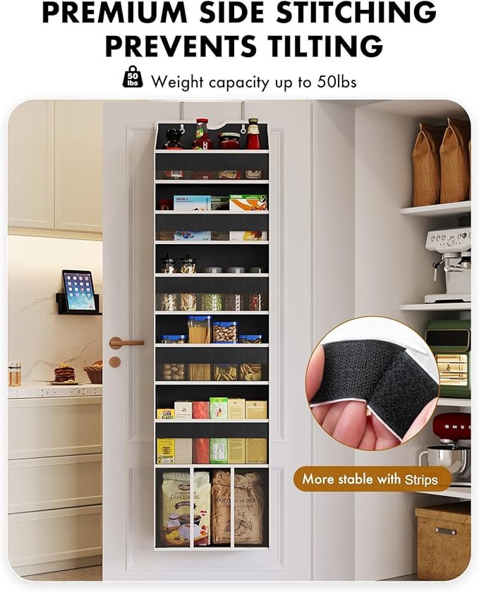Over The Door Organizer Hanging - 6 Shelf Over Door Organizer with 6 Clear Front & 12 Side Pockets - 50LB Load Behind Storage