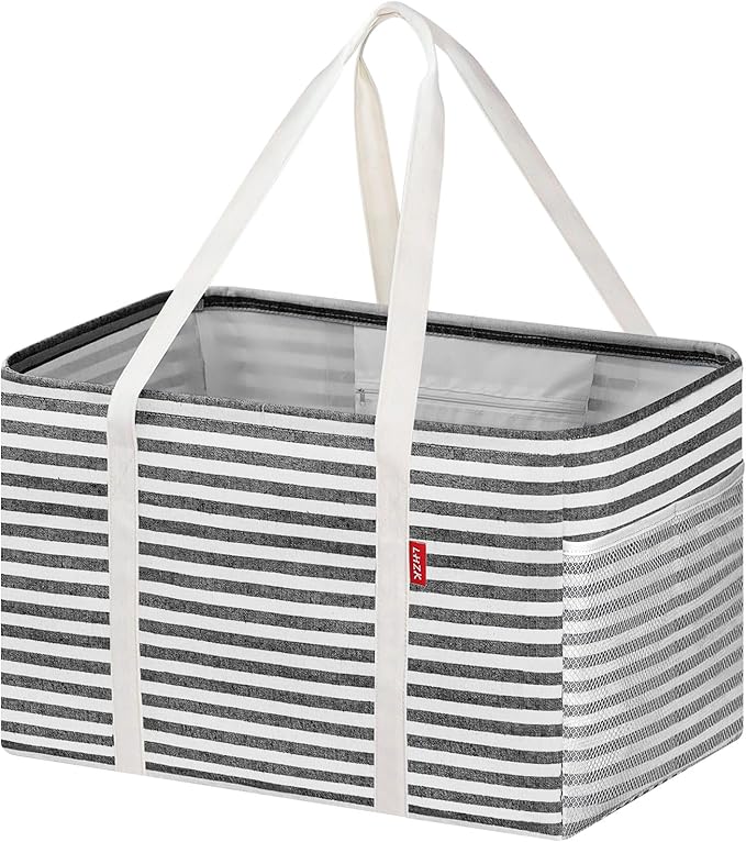 LHZK Standing Utility Tote Bag with Metal Wire Frame and the Sides Rinforced, Large Tote Bag with Handle, Reusable Grocery