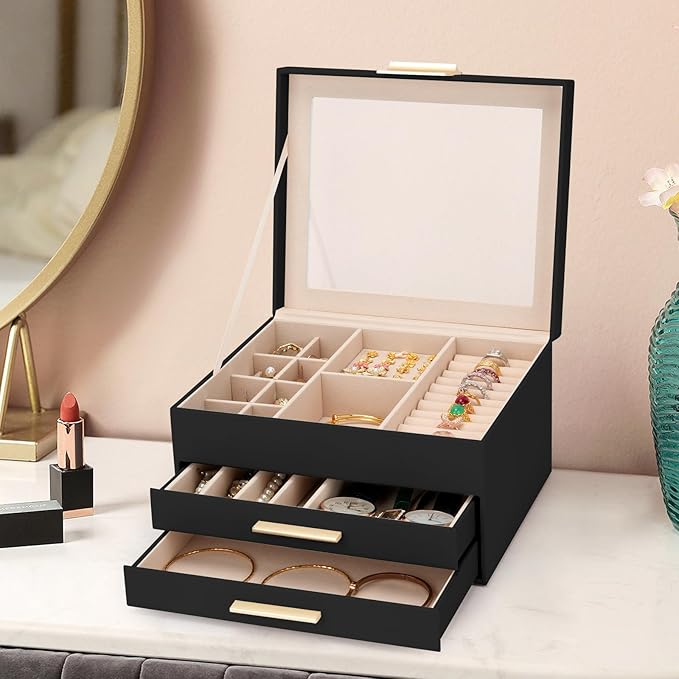 3-Layer Jewelry Box for Women, Jewelry Organizer with Glass Lid and Drawers, Jewelry Organizers and Storage for Necklaces, Ri