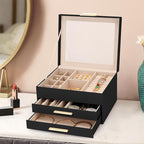 3-Layer Jewelry Box for Women, Jewelry Organizer with Glass Lid and Drawers, Jewelry Organizers and Storage for Necklaces, Ri