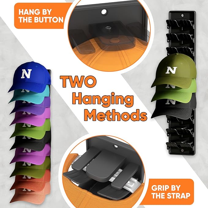 Hat Organizer for Baseball Caps 2 Pack, Wall Mounted Hat Rack Holds Up to 20 Hats, Cap Holder Display for Door & Closet, Hat 