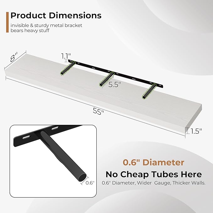 Fun Memories 55 Inch Floating Shelves for Wall, Fireplace Mantel Shelf with Invisible Heavy Duty Bracket, 8 Inch Deep Storage