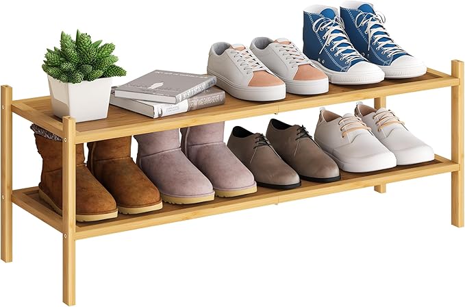 BMOSU 2-Tier Bamboo Extended Shoe Rack Premium Stackable Shoe Shelf Storage Organizer for Hallway Closet Living Room Entryway