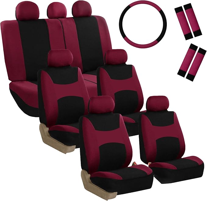 FH Group Light & Breezy Cloth Car Seat Covers, 7 Seater Three Row Set- Airbag & Split Ready -Universal for Cars Trucks and SU