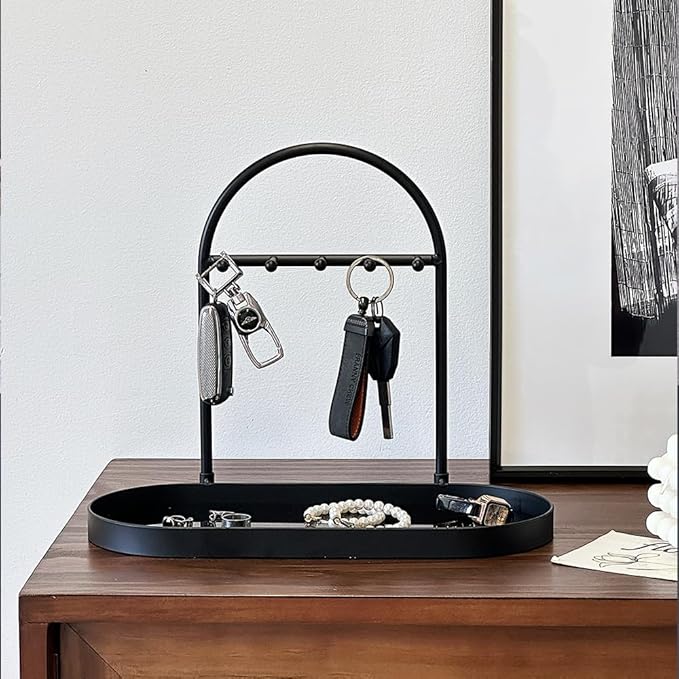 Shinpuru Metal Jewelry Organizer Stand & Key Holder Tray with Acrylic Base, Key Stand and Jewelry Tray with 5 Hooks, Perfect 