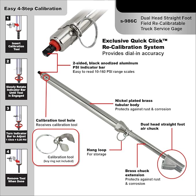 Milton s-986C Calibratable Tire Pressure Service Gauge, Dual Head Straight Foot Chuck, 10-160 PSI