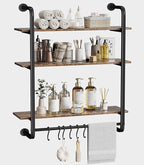 3 Tier Industrial Pipe Shelving, 24" Kitchen Shelves Wall Mounted with 6 Hooks, Coffee Bar Shelves Display Bookshelf Wall She