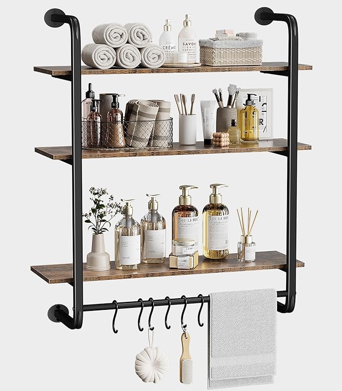 3 Tier Industrial Pipe Shelving, 24" Kitchen Shelves Wall Mounted with 6 Hooks, Coffee Bar Shelves Display Bookshelf Wall She
