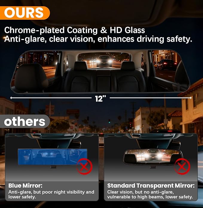 Rear View Mirror, 12 Inch Chrome Anti-glare Panoramic Rear Mirrors Universal Convex Car Interior Clip on Extra Big Wide Angle Rearview Mirror Extender to Reduce Blind Spot for Car SUV Trucks