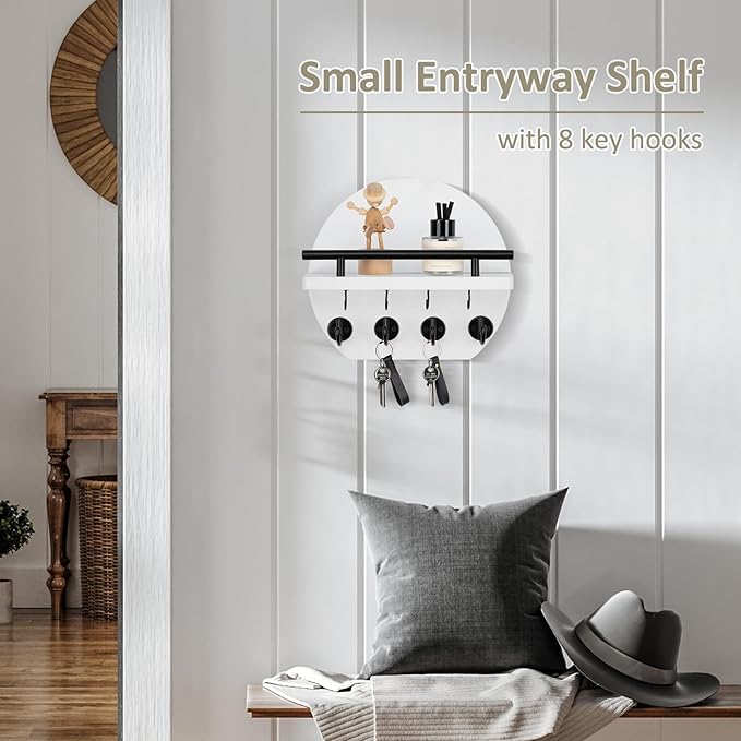 Nekon Key Holder for Wall - 9.8 Inch Apartment Wall Decor with Shelf and 8 Key Hooks, Circular Wood Key Hanger for Home Decor