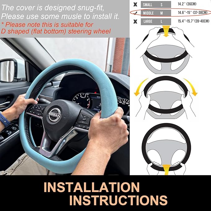 PINCTROT D Shaped Nappa Leather Steering Wheel Cover, Slim Fit No Bulk Design, One Piece Leather with Breathable Perforation,