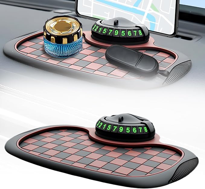 Multifunction Car Anti-Slip Mat,360° Rotatable Phone Holder Dashboard Pad with Hidden Parking Number Plate PVC Grid Style Mat