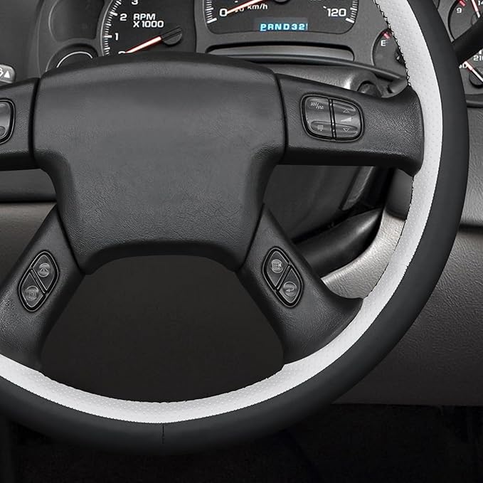 MEWANT Hand Stitched Steering Wheel Cover for Chevy Silverado 1500 2003-2006 Trailblazer White Black Faux Leather Wrap